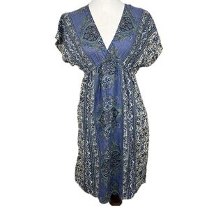 Angie Kimono Sleeve Blue Paisley Floral V-Neck Boho Festival Hippie Dress Size S
